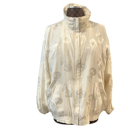 Vtg 80s Floral Silk Bomber Jacket Cream Gold Metallic Coat Size Large Lily - Picture 2 of 9